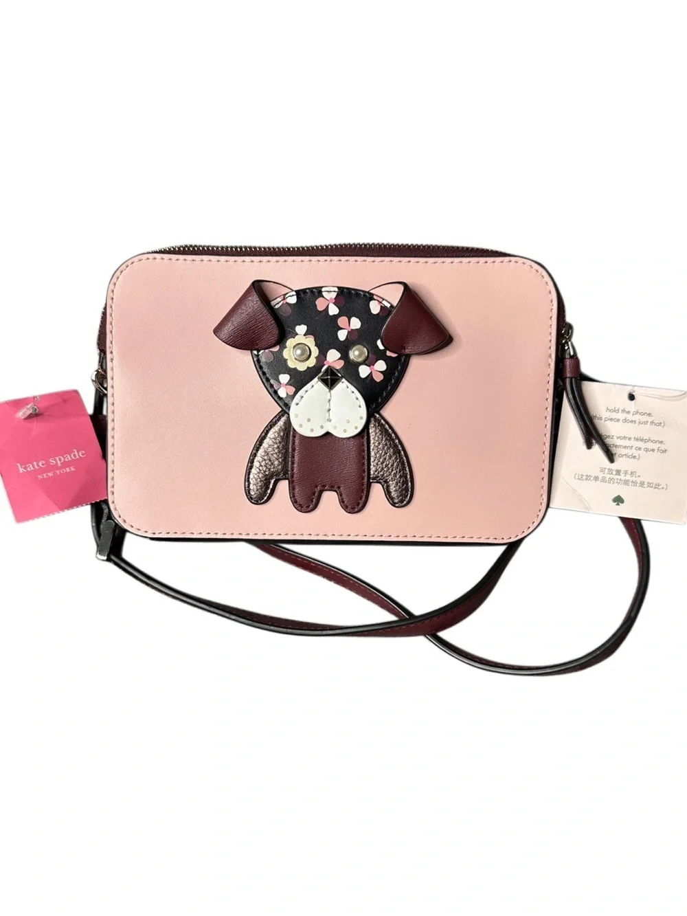kate spade pink and burgundy dog appliqué crossbody